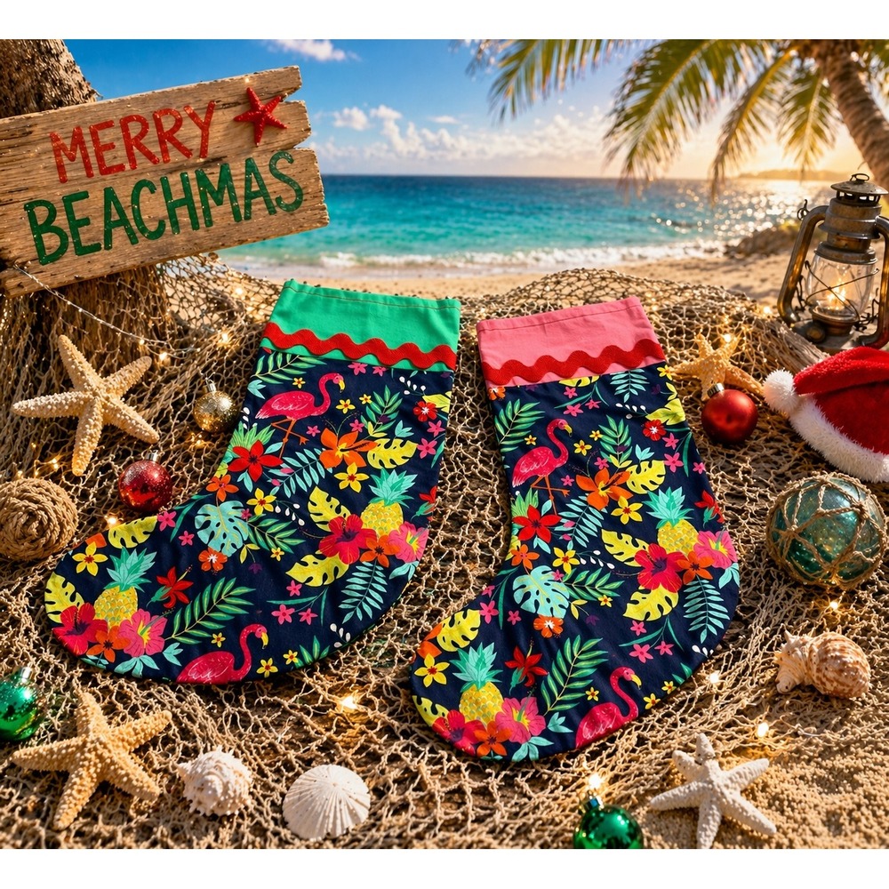 Handmade Tropical Flamingo Christmas Stockings Set of 2 Navy Pink Green Beachy‎
